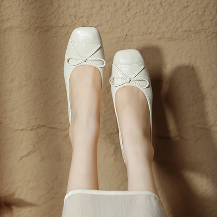 Retro Soft Goatskin Bow Round-Toe Flats for Women, Spring & Fall Bean Shoes, Ballet Thick Heels, Medium Heels, Soft-Soled Granny Shoes
