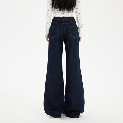 American-Style Dark Blue Non-Stretch Flared Jeans for Women, 2025 Autumn and Winter New Loose High-Waisted Slimming Bootcut Pants