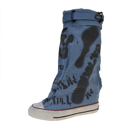 Letter Graffiti Canvas Pants Tube Boots Women's Pleated Stack Boots Niche Design Sense Foreign Trade 2025 plus size Cross-border Boots