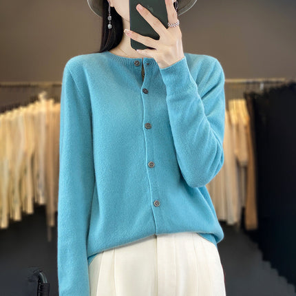 Factory wholesale autumn and winter new 100% wool round neck knitted cardigan women slim fit knitted coat sweater Joker