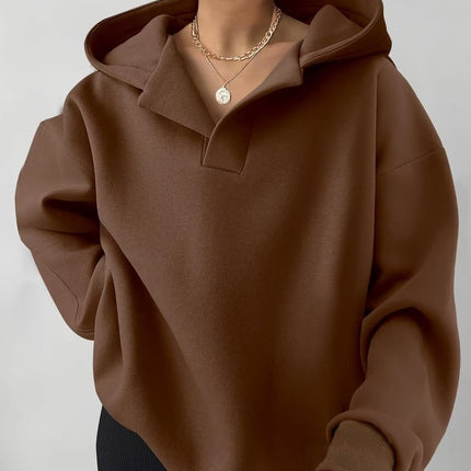 Amazon Cross-Border European and American Women's Autumn and Winter Hooded Sports Sweatshirt Solid Color Fleece-Lined Long-Sleeved Loose Cross-Border Hot Sale