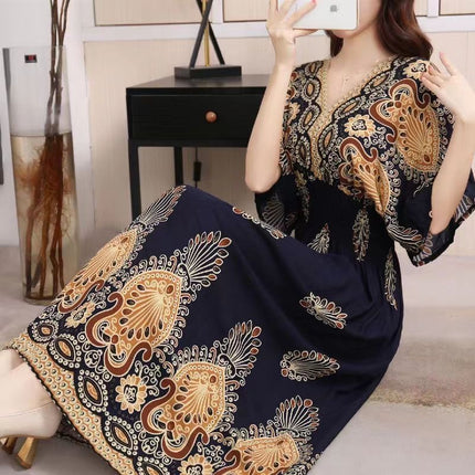 Cross-border ethnic style V-neck cotton silk short-sleeved beach skirt Thailand travel dress summer printed holiday floral skirt
