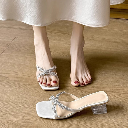 2026 Summer Crystal Heel Square-Toe Sandals for Women, Chunky Heel Fashion Versatile Slip-On Open-Toe Mules