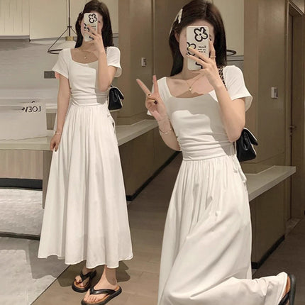 2025 New French Square Neck White Moonlight Dress for Women, Summer Atmosphere, Waist Slimming, Comfortable and Elegant Long Dress