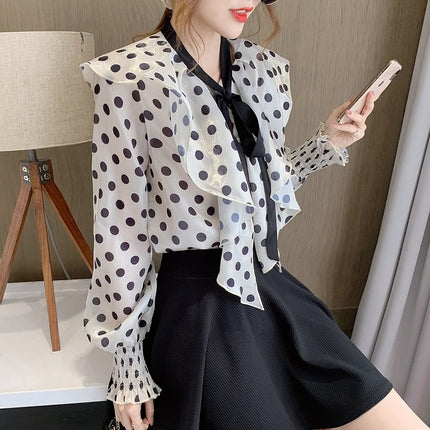 2025 Design Style Led Lotus Leaf Chiffon Shirt Lantern Sleeve Western Style Retro Wave Dot Niche Shirt Women's Early Spring Wear