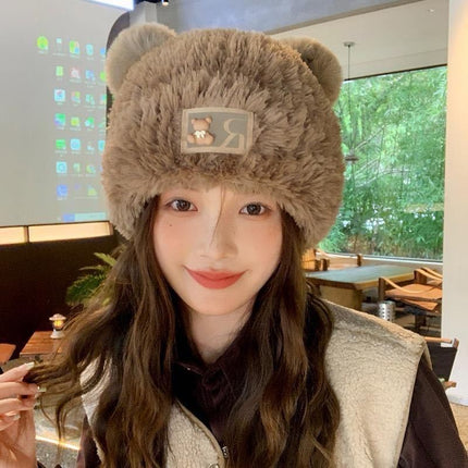 Bear plush knitted hat women's autumn and winter warm anti-fur pullover wool hat face-looking small sweet cute basin hat