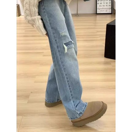 Cross-border Hot-selling American-style Ripped High Waist Wide Leg Jeans Women Spring and Summer New Straight Loose Slimming Mop Pants