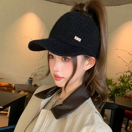 Winter Cycling Warm Windproof Rabbit Fur Digital Label Knit Visor Cap for Women Autumn Face-Slimming
