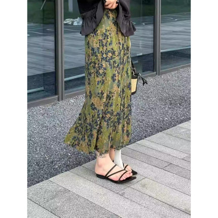 2026 Summer New Style Elastic Waist Back Slit Green Floral Skirt French Pleated Textured A-Line Skirt