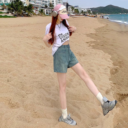 light blue Washed Retro A- shape Denim Shorts Women's Summer New High Waist Slimming Loose Wide Leg All-match Hot Pants