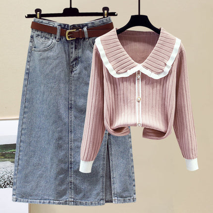 Plus Size Women's Spring and Autum Suit Women's 2025 New Knitted Sweater Slimming Look Versatile Denim Skirt Two-Piece Set