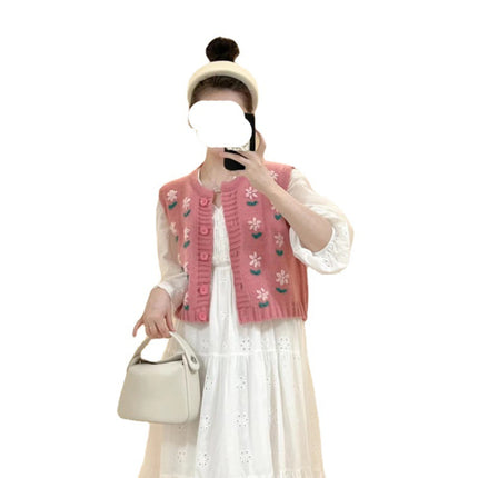 Spring 2023 New Loose Korean Style Sleeveless Knitted Pink Small Flower Sweater Vest White dress suit