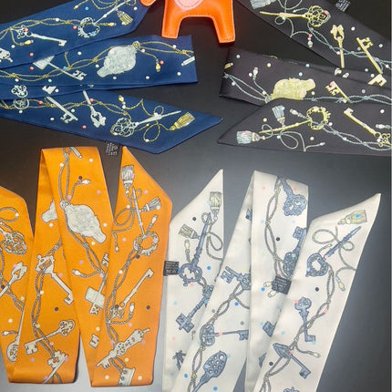Black Key Bag Silk Scarf Women's Summer Thin Tie Bag Handle Ribbon Thin Narrow Long Double-Sided Scarf Ribbon