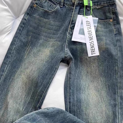 Vintage Distressed High-Waisted Flared Jeans for Petite Women, Loose Straight-Leg Slimming Wide-Leg Floor-Length Pants