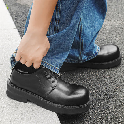 British Style Thick Bottom Round Head Heightened Stylist Casual Leather Shoes Men's Summer New Comfortable Matte Derby Leather Shoes