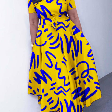 Q125 summer new fashion cross-border Amazon temperament women's lace-up printing foreign trade plus size European and American dress