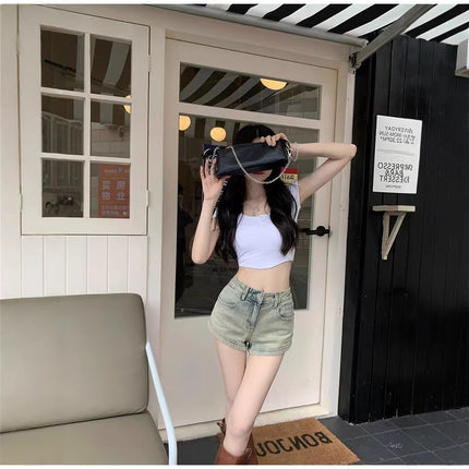 American Retro Hot Girl Denim Shorts Women's Pear-shaped High Waist Slimming Design Sense Niche A- shaped Hip Hot Pants