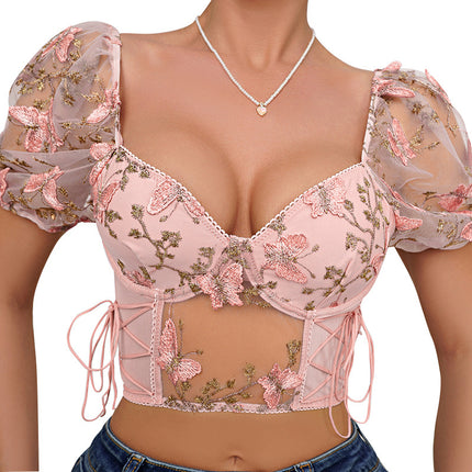 Hot-Selling Puff-Sleeve Sexy Floral Crop Top with Underwire, Drawstring Waist, Lace Blouse, and Exposed Midriff