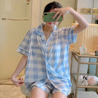S blue plaid cardigan double short / M