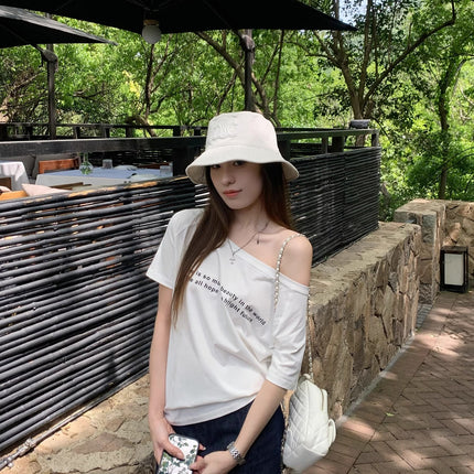Summer Women's Tops Short-Sleeved Women's T-Shirt Clothes One-Shoulder High-End Cute Printed Short-Sleeved T-Shirt Custom Group Uniform