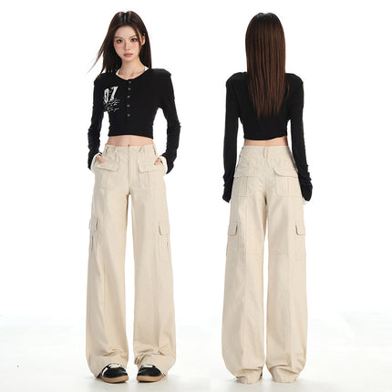 2026 Autumn American Retro Style Adjustable Waist Multi-Pocket Patchwork Design Loose Straight-Leg Casual Pants for Women