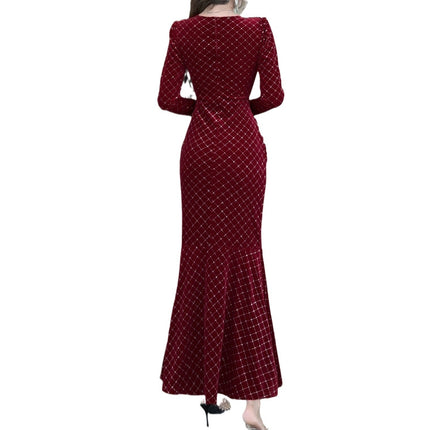 2222 Autumn and Winter Japanese and Korean Version Export Sexy Women's V Neck Long-Sleeved Gold Velvet Evening Dress Fishtail Long Skirt