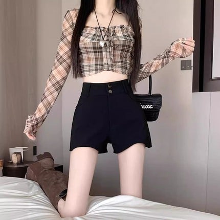 2024 Irregular Shorts Women's New Spring and Summer Outer Wear High Waist Slim Elegant Slim Fit Black Hot Shorts