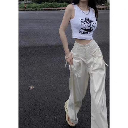 Slimming casual pants overalls women's draping straight mop pants summer high waist loose wide leg pants white pants