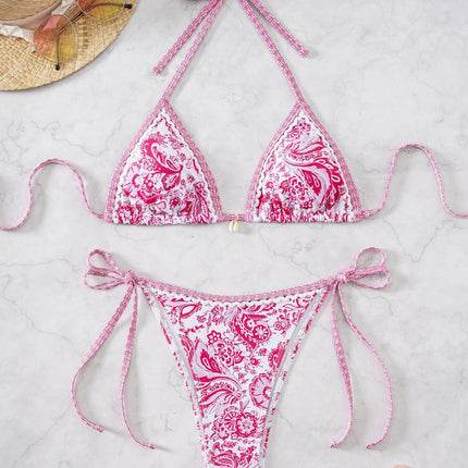 2025 New Bikini Cross-Border European and American Foreign Trade Printed Triangle Cup Pendant Sexy Bikini Swimsuit Swimwear for Women