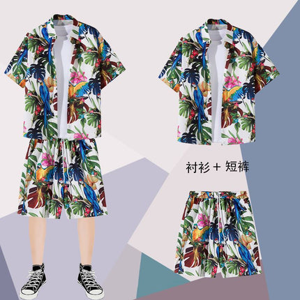 Summer thin short-sleeved floral shirt men's Hong Kong style retro Ruan Shuai Hawaiian seaside couple short-sleeved shorts two-piece set