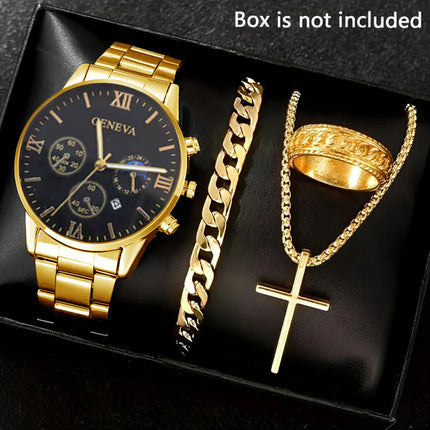 Men's 4-piece Luxury Stainless Steel Quartz Watch with Calendar Gold Cross Necklace Bracelet and Ring