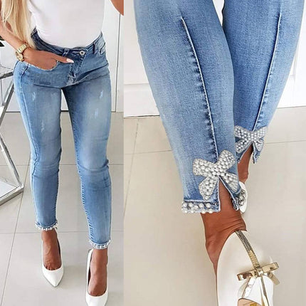 Cross-border direct manufacturers slim European and American jeans butterfly sticky flower nail beads split feet slim pencil pants