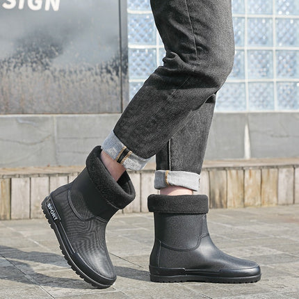 Cross-border Fashion Men's Rain Boots Mid-tube Rain Boots Non-slip Water Shoes Couple's fleece-lined Rubber Shoes Kitchen Car Wash Fishing Work Shoes