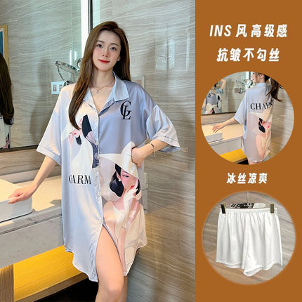 Summer New Style Fashionable Pure Lust Sexy Ice Silk Shirt Pajamas Loose High-End Home Wear Suit for Women