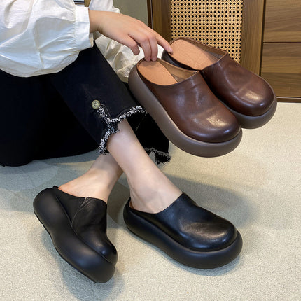 Vintage Casual Thick Bottom Slippers Women's Outer Wear Genuine Leather Sandals 2025 Summer New Round Head Cowhide Half Slippers