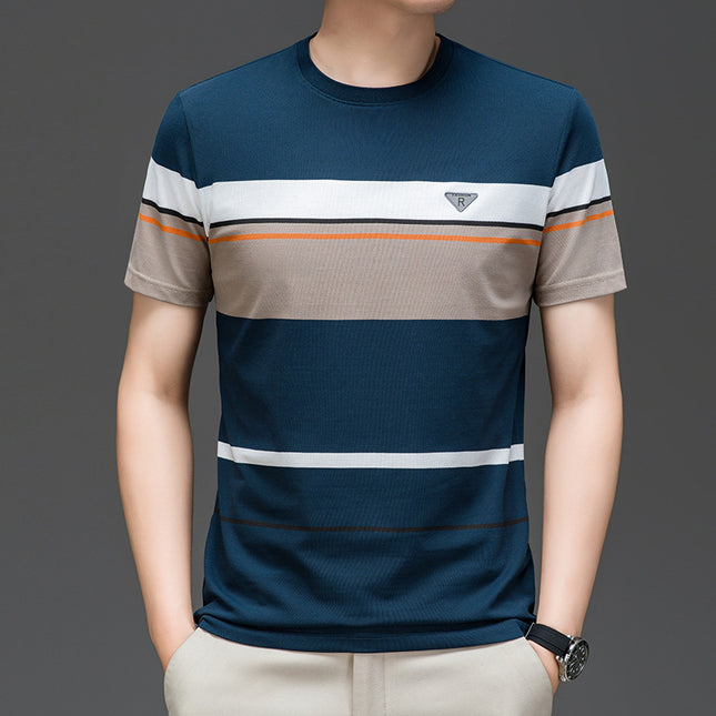 Mingdi Mouse Men's Summer New Men's Round Neck Pullover T-Shirt Striped Fashion Casual Thin Short Sleeve Top for Men