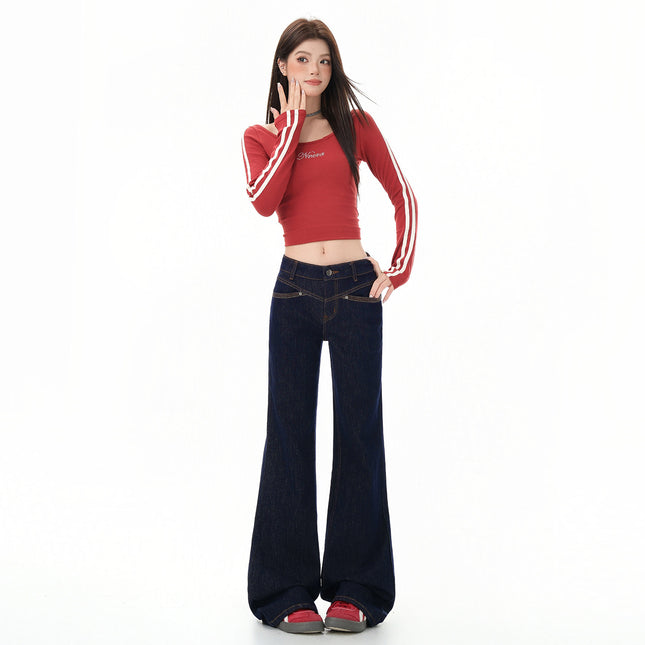 American-Style Front Pocket Flared Jeans for Women, 2025 Autumn and Winter New Low-Waist Loose Slimming Horse Hoof Flared Pants