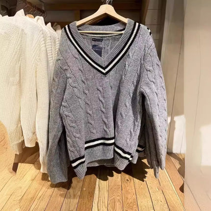 Brandy Knitted Sweater Women's Fresh Casual Versatile Fashionable V-Neck Cotton Elegant Cable Age-Reducing Long Sleeves