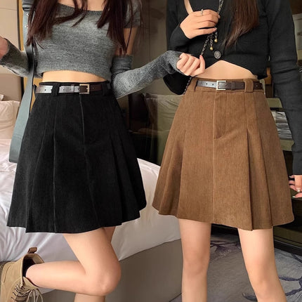 High Waist A- Line Corduroy Short Skirt Women's Autumn and Winter brown Anti-Light Pleated Skirt Skirt plus size Niche Age-Reducing Skirt
