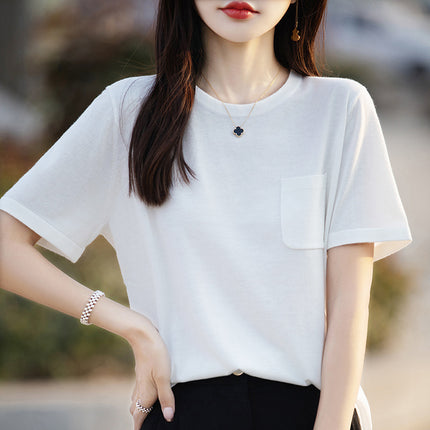 24 New Summer ShorT-sleeved T-shirT Women's Round Neck Pullover Simple Half-sleeved T-shirT Fine ImiTaTion Wool KniTTed Top Loose