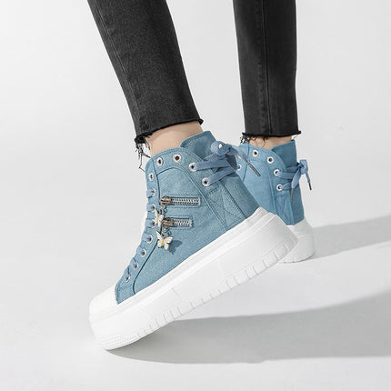 Cross-Border Large Size Women's Shoes 2024 New Outdoor Versatile Butterfly Zipper Canvas Shoes Thick-Soled High-Top Heightening Sneakers for Women