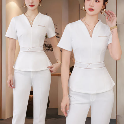 Summer Beauty Salon Short-Sleeved Technician Uniforms for Women, High-End Spa Club Foot Bath and Head Therapy Beautician and Waitress Work Uniforms