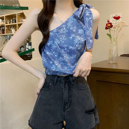 Resort Style Floral Slanted Shoulder Vest for Women Summer 2025 New Style French Chic Sexy Off-Shoulder Strappy Top for Outer Wear