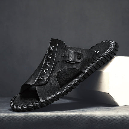 Genuine Leather Slippers for Men, Summer Slippers for Outdoor Wear, Deodorant, Non-Slip, Wear-Resistant, Trendy Men's Beach Shoes