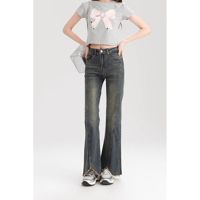 Rust Design Sense Micro-flare Jeans Women's 2025 Spring New High Waist Elastic Slim-fit Horseshoe Pants