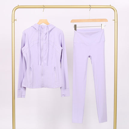Lulu Df Stamped Hooded Jacket and Cropped Pants Set, Tight-Fitting Stretch Jacket with Gold Zipper, Fitness Yoga Outfit