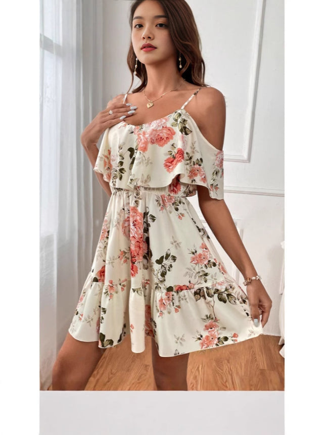 Foreign Trade European and American Style Classic Bohemian Print Cold Shoulder Pleat dress