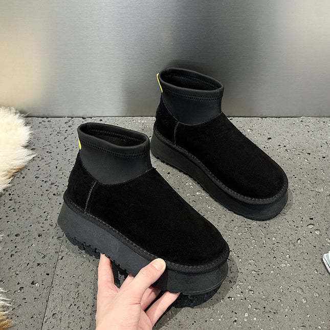 2024 Winter New Leather Mini Thick Bottom Snow Boots Women's fleece-lined Ankle Boots Northeast Cotton Boots Sangpo Student Shoes