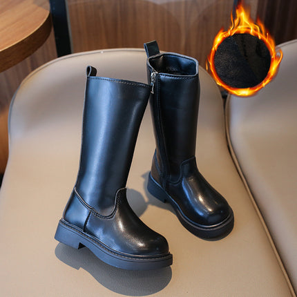 2024 Autumn and Winter New Children's High Boots Korean Style fleece-lined Warm Girls' Leather Boots Fashion Soft Bottom All-match Fashion Boots