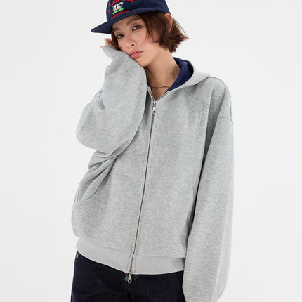 American Retro Contrasting Color Double Zipper Cardigan Hooded Sweatshirt Boys Silhouette Loose Lazy Trendy Brand Hoodie Jacket Autumn